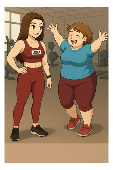 prendi spunto da queste immagini per fare: fai un webtoon/manga a colori con questa personal trainer (falle la scritta "LUNA" SU UNA TARGHETTA APPOSTA SUL TOP SPORTIVO CHE HA), che parla IN PALESTRA con una sua cliente che ha cellulite ed è leggermente in sovrappeso. LA SIGNORA è IN ABITI SPORTIVI E SI AVVICINA PER ABBRACCIARE LUNA ENTUSIASTA DI INTRAPRENDERE UN PERCORSO CON LEI. LUNA è FELICE. NON FARE I FUMETTI, FAI SOLO LORO COME SE DIALOGASSERO. FAI LE DUE FIGURE A FIGURA INTERA CON IL CORPO INTERAMENTE VISIBILE sticker