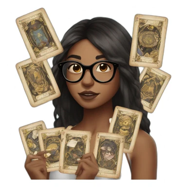 girl with bro2n straight hair and black round glasses with tarot cards in hands sticker