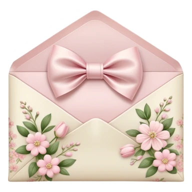 "A delicate floral envelope sealed with a silky bow, featuring soft pink and cream flower patterns."
 sticker