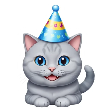 Happy British shorthair blue cat with a big smile wearing a colorful birthday hat sticker