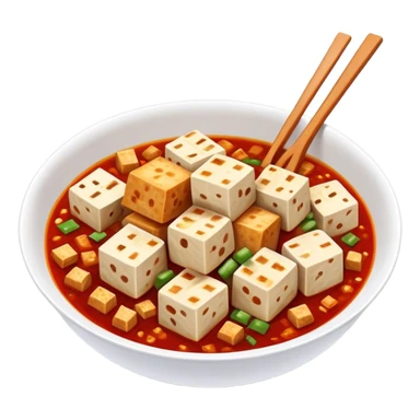 Sichuan Mapo Tofu spicy red dish with tofu cubes, simplified emoji style with bold outlines and bright colors, cartoon style national famous Chinese cuisine sticker