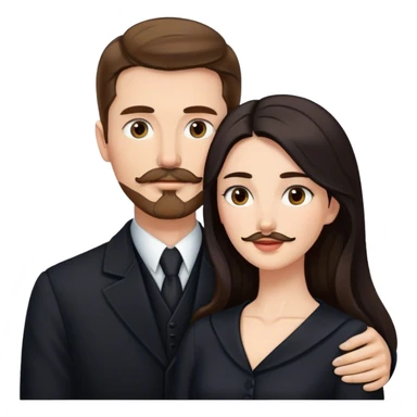 tall white man with brown hair goatee mustache embracing a pale woman with long black hair, wearing elegant clothing sticker