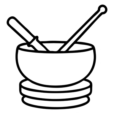 Make the green crystal singing bowl with mallet even more minimal, reduce details, keep only essential shapes, no background, in an outlined icon style with no fill. sticker