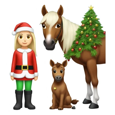 White Girl dressed like Santa next to Christmas tree with brown horse sticker