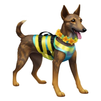  brindle brown black maroon striped lurcher Alsatian fox running blue eyes and iridescent holographic oilslick harness wearing paper iridescent tropical flower crown yellow caution tape sticker