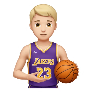 Joven con color de piel claro con uniforme de basquetball laker sosteniendo una pelota de basquet sticker