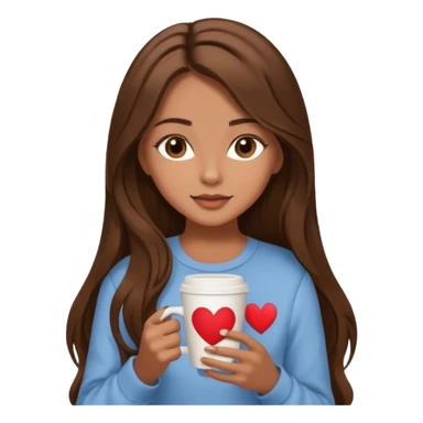 Un emoji de una chica con el pelo castaño y largo y suelto así como vestida como una that Girl y un café con dibujo de corazón y una cama aesthetic modo vida perfecta sticker