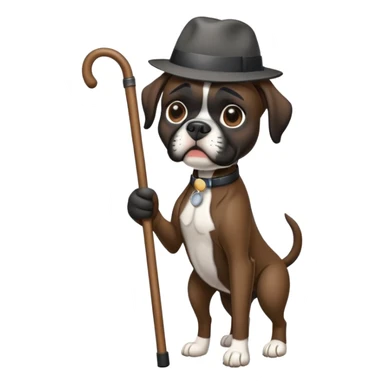 Elderly black boxer dog standing on hind leg using a cane sticker