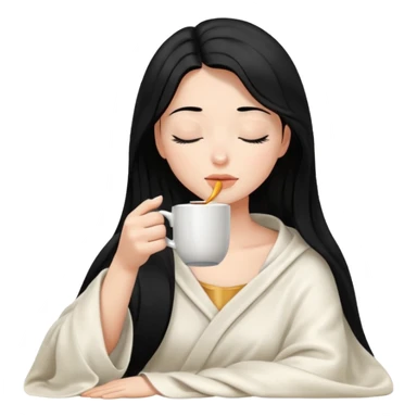 black hair girl long hair inside a white milky satin blanket sipping coffee eyes closed  sticker