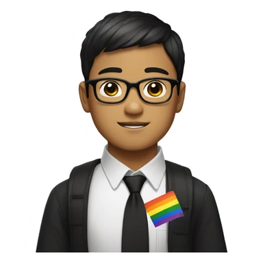 a asian boy with black square like glasses with brown hair with pride flag sticker