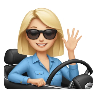 blonde woman driving car. one hand up Happy face confidence sticker