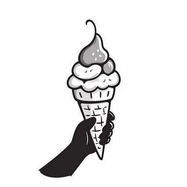 An ice cream cone with scoops of ice cream in pastel colors (dd9fb0, ffc6d3, a3bfc9, c4bee2, f1b091), hand-drawn doodle style sticker