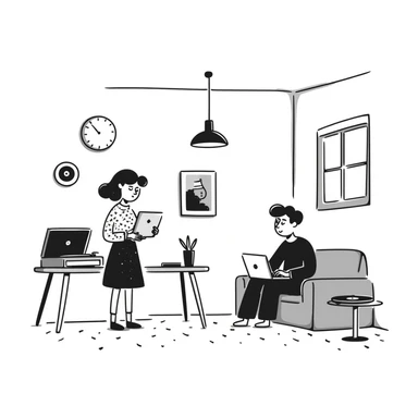 A mid-century modern living room with two people working on laptops — a woman standing working on the laptop and a man sitting on a couch with a laptop. The room has visible floor and two walls forming a corner, large window, modern pendant lamp, turntable, vinyl record stand, retro posters sticker