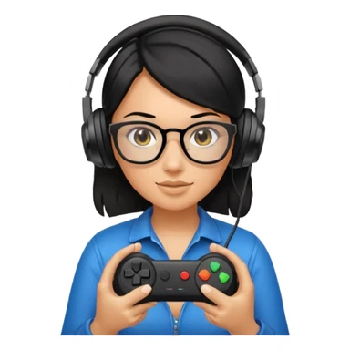 
gamer, woman shiny black hair no eyebrows with glasses, headphone, gamepad sticker