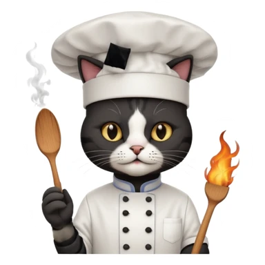 extra black chef cat wearing a tall white chef hat, burning hat sticker