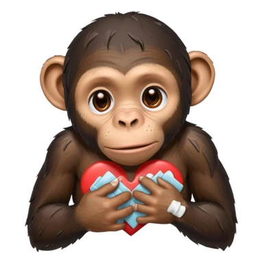sad cartoon chimpanzee with tears, placing bandaids on a broken heart sticker