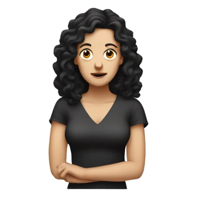 white woman, long curly black hair, shrugging hands incensed sticker