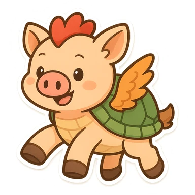 hybrid animal with a pig's snout, chicken wings, turtle shell, and horse legs, in a playful style, cartoonish, colorful, playful sticker