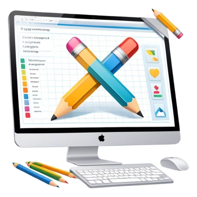 Professional emoji for Graphic Design: a computer screen displaying a design layout, vector shapes, a color palette, and design tools like a pencil and ruler. The icon should represent creativity and precision in graphic design. Transparent background. sticker