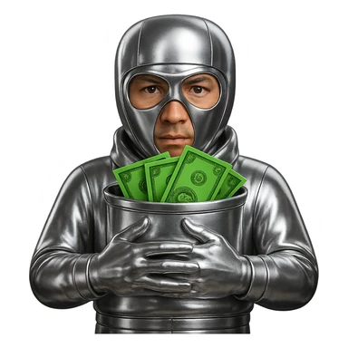 Fix the face to look more natural and human with a light tan face and money green accents, keep everything else in chrome 3D metallic style, no background. sticker