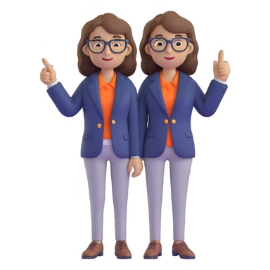 Economics professional mascot character with shoulder-length wavy brown hair, stylish glasses, navy blazer, pointing at economic symbols, full body view sticker