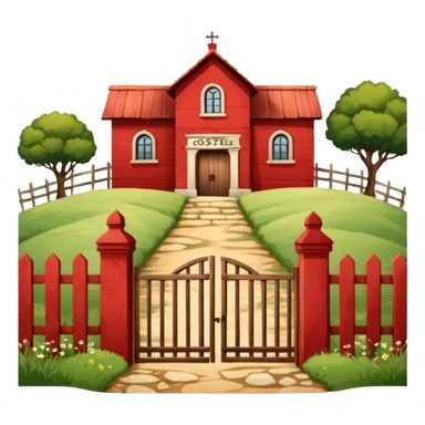 A fenced red house on a small hill with a large entrance gate bearing the inscription “Gosteli Archive,” with a farmhouse in the background. sticker