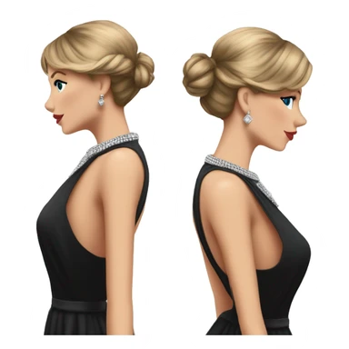 Taylor Swift looking back, black dress, hair in low bun with a strand pulled out, standing, silver diamond necklace  sticker