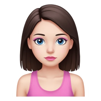 Create a teenage girl with long and straight brunette hair, light skin, light freckles, and blue-grey eyes. She will have pink lips and long black eyelashes. She will be wearing a pink tank top. sticker
