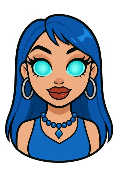 Make her look nice and cute, but with slightly scary eyes, keep gyaru style, blue hair, pretty makeup, bratz baddie style, emoji style, with no background. sticker