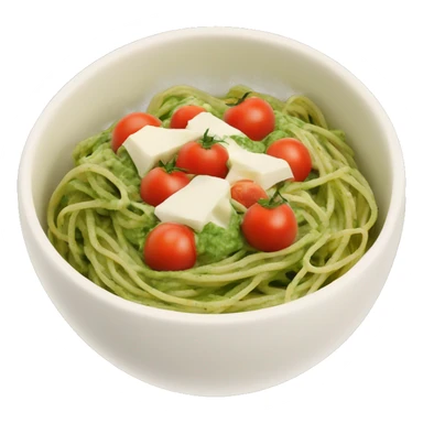 A big bowl with spaghetti with green pesto with mozarella chunks and tomatos sticker