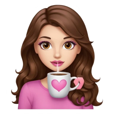 girl with long wavy brown hair, brown eyes, long lashes, makeup, ,sexy pink lips, light to medium complexion, pink sexy top, with a coffee mug sticker