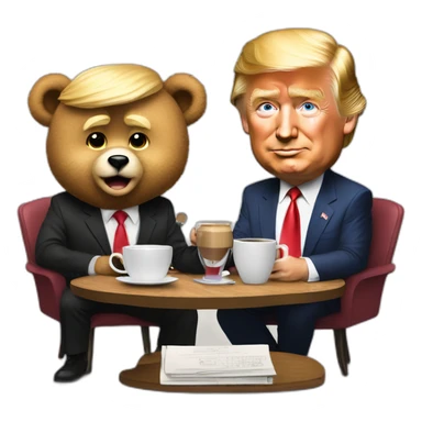 Trump caricature and Ted Bear as radio talkshow hosts with a cup of coffee sticker