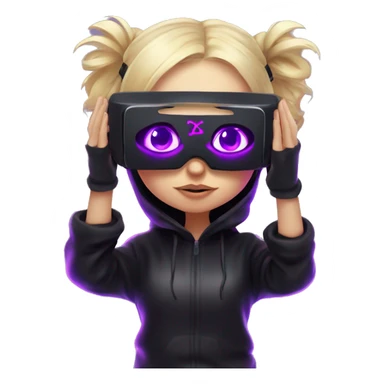Russian cute blond student girl wearing black hoody with violet letters "OMG", in vr headset. No eyes. Cyberpunk style. Violet neon. sticker