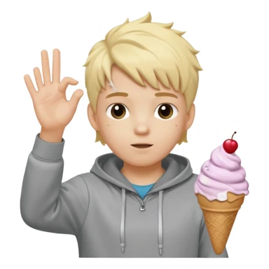 a white kid with a ice cream hairstyle blone hair with a grey hoodie and his above his hands saying 67 one 6 on 1 hand 7 on the other sticker