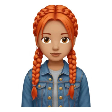 red orange braids hair girl, wear jean jacket sticker