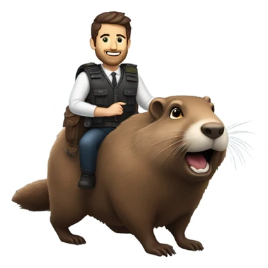 Confident armored White Man with dark brown hair and a short beard riding on the back of a giant groundhog wearing a birthday hat sticker