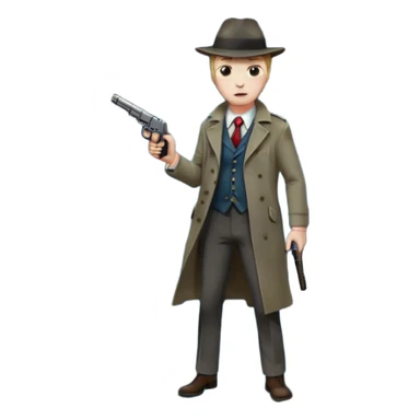 Icon for Detective Movie: Close-up of a detective holding a pistol on a dark London street, under a full moon. Bloodstains on the asphalt from a recent crime. The scene should evoke a gritty noir detective vibe with atmospheric shadows and moody lighting. Transparent background. sticker