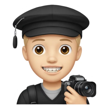 schoolboy with big front teeth wearing a black cap holding a camera in his hand sticker