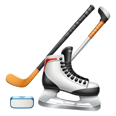 Please, make An icon featuring close-up shots of key hockey equipment: a hockey stick, puck, and skates. The background shows a packed stadium with cheering fans, bright arena lights, and an icy rink. Transparent background highlights the essentials of the game and the thrill of the sport. sticker