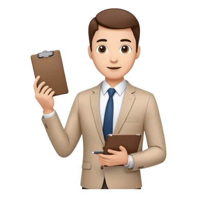 professional character standing and gesturing with one hand, while holding a clipboard or tablet in the other. The character wears smart casual business attire. sticker