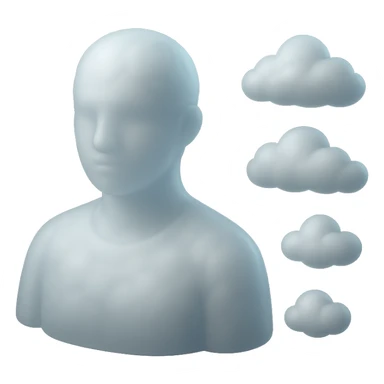 person looking straight, fully made of white fluffy convex clouds, shoulders, matte glass style sticker