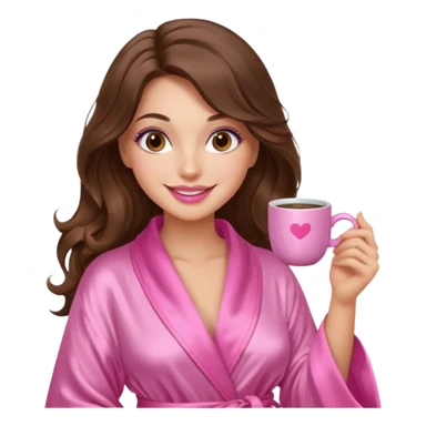 girl with long wavy brown hair, brown eyes, long lashes makeup, sexy pink lips, light to medium complexion, wearing a pink sexy silk top, smiling in a cozy pink robe drinking coffee sticker