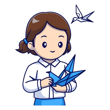 A Ukrainian young girl with brown hair wearing a white embroidered shirt holds an origami blue crane sticker