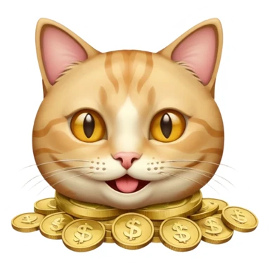 smiling cat with coins or dollar bills in its eyes, lively emoji style, mimicking cash eyes emoji sticker