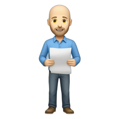 caucasian male with small beard and almost bald smart casual blue shirt holding papers sticker