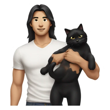 Model Long hair Asian man with abs holding black cat sticker