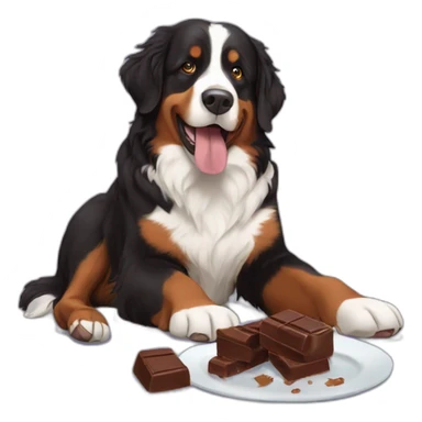 Bernese mountain dog eating chocolate sticker