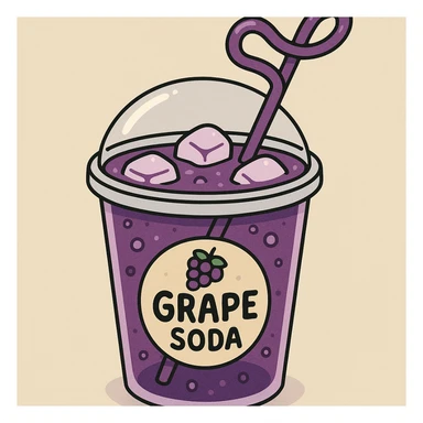 cartoon style illustration of a cup of grape soda with a purple hue, ice cubes, and a fun straw sticker