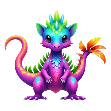 Exotic futuristic lush warm-colored neon tropical Fakémon-Fionbri-creature with cool-colored splash markings  sticker