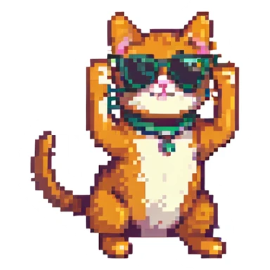 Cat wearing sunglasses in a playful stretching pose, pixel art style, no background. sticker
